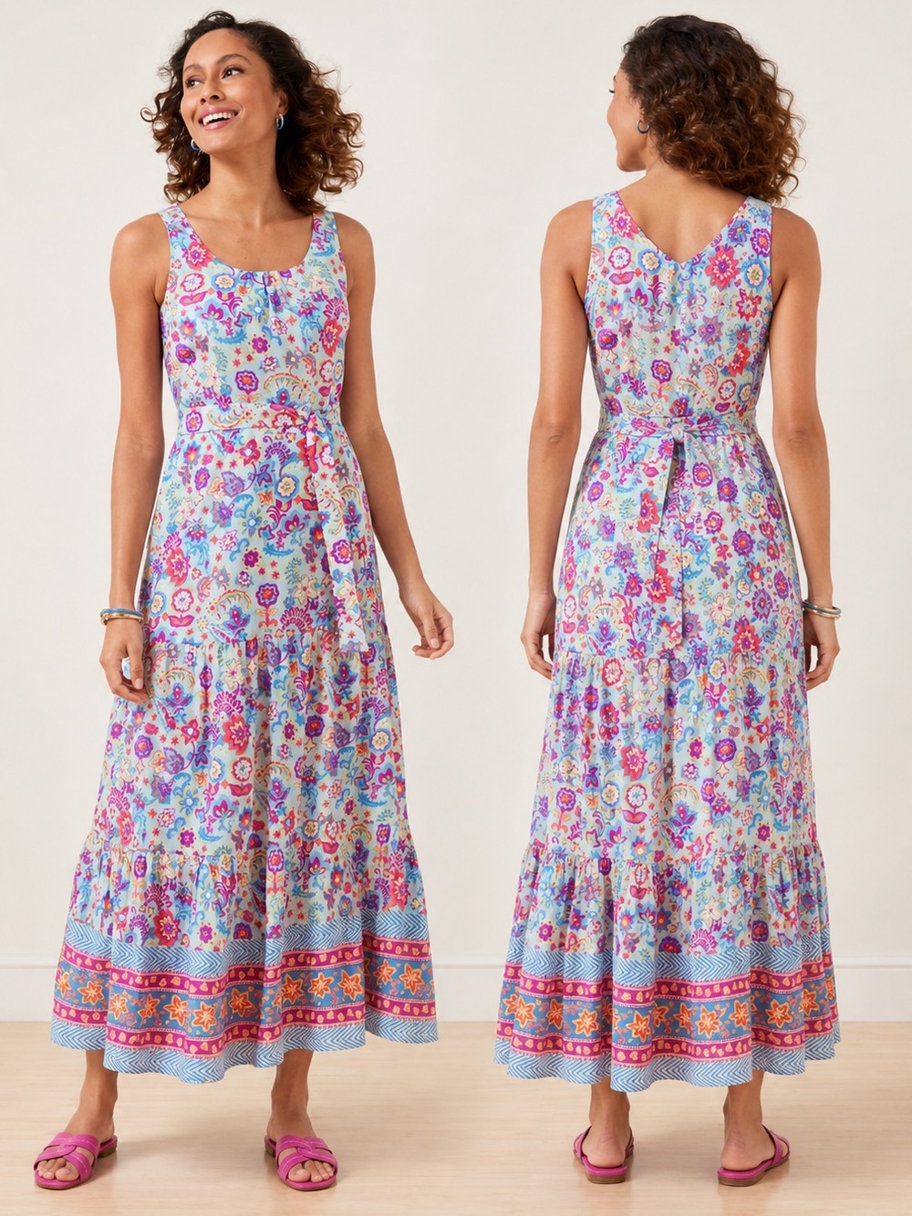 Talbots 100% Cotton Floral Paisley Voile Maxi Dress Belted Blue Size 2